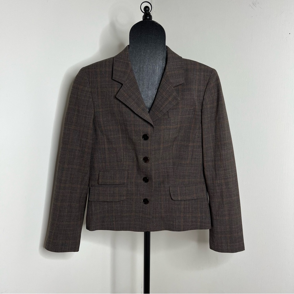 Jigsaw London Wool Blend Short Crop Blazer Brown Plaid Size 12